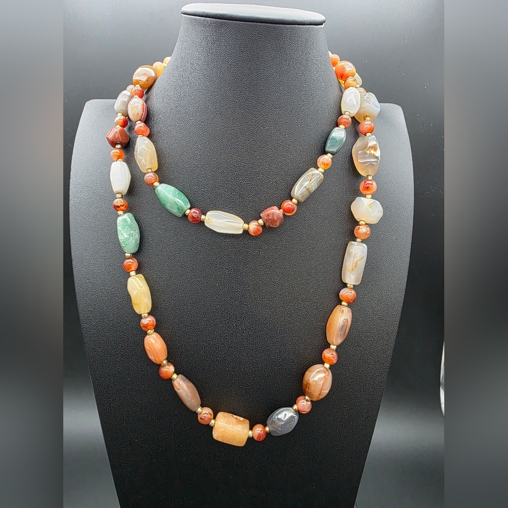 VINTAGE BEGGER BEAD Multicolor Agate Jadite Natural Stons Beaded Long Necklace